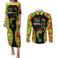Personalised Vanuatu Running Couples Matching Puletasi and Long Sleeve Button Shirt Footprint and Hibiscus Polynesian Style LT03 Black - Polynesian Pride