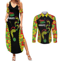 Personalised Vanuatu Running Couples Matching Summer Maxi Dress and Long Sleeve Button Shirt Footprint and Hibiscus Polynesian Style LT03 Black - Polynesian Pride
