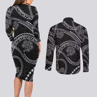 Hawaiian Kakau Art and Hisbiscus Tattoo Couples Matching Long Sleeve Bodycon Dress and Long Sleeve Button Shirt Tribal Pattern-Silver Style - Polynesian Pride