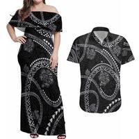 Hawaiian Kakau Art and Hisbiscus Tattoo Couples Matching Off Shoulder Maxi Dress and Hawaiian Shirt Tribal Pattern-Silver Style - Polynesian Pride