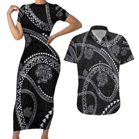 Hawaiian Kakau Art and Hisbiscus Tattoo Couples Matching Short Sleeve Bodycon Dress and Hawaiian Shirt Tribal Pattern-Silver Style - Polynesian Pride