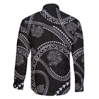 Hawaiian Kakau Art and Hisbiscus Tattoo Family Matching Off The Shoulder Long Sleeve Dress and Hawaiian Shirt Tribal Pattern-Silver Style - Polynesian Pride