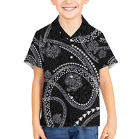 Hawaiian Kakau Art and Hisbiscus Tattoo Family Matching Off The Shoulder Long Sleeve Dress and Hawaiian Shirt Tribal Pattern-Silver Style - Polynesian Pride