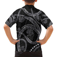 Hawaiian Kakau Art and Hisbiscus Tattoo Family Matching Short Sleeve Bodycon Dress and Hawaiian Shirt Tribal Pattern-Silver Style - Polynesian Pride