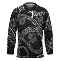 Hawaiian Kakau Art and Hisbiscus Tattoo Hockey Jersey Tribal Pattern-Silver Style LT03 Unisex Black - Polynesian Pride