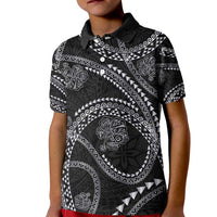 Hawaiian Kakau Art and Hisbiscus Tattoo Kid Polo Shirt Tribal Pattern-Silver Style - Polynesian Pride