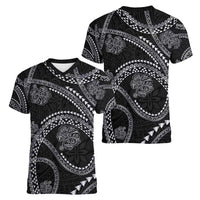 Hawaiian Kakau Art and Hisbiscus Tattoo Women V-Neck T-Shirt Tribal Pattern-Silver Style - Polynesian Pride
