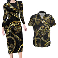 Hawaiian Kakau Art and Hisbiscus Tattoo Couples Matching Long Sleeve Bodycon Dress and Hawaiian Shirt Tribal Pattern-Gold Style - Polynesian Pride