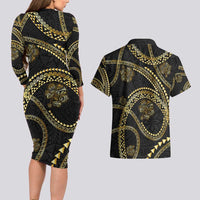 Hawaiian Kakau Art and Hisbiscus Tattoo Couples Matching Long Sleeve Bodycon Dress and Hawaiian Shirt Tribal Pattern-Gold Style - Polynesian Pride