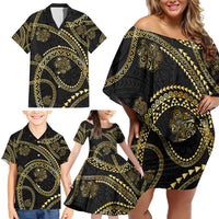 Hawaiian Kakau Art and Hisbiscus Tattoo Family Matching Off Shoulder Short Dress and Hawaiian Shirt Tribal Pattern-Gold Style - Polynesian Pride