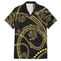 Hawaiian Kakau Art and Hisbiscus Tattoo Family Matching Off Shoulder Short Dress and Hawaiian Shirt Tribal Pattern-Gold Style - Polynesian Pride