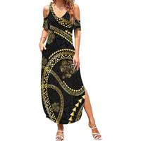 Hawaiian Kakau Art and Hisbiscus Tattoo Family Matching Summer Maxi Dress and Hawaiian Shirt Tribal Pattern-Gold Style - Polynesian Pride