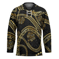 Hawaiian Kakau Art and Hisbiscus Tattoo Hockey Jersey Tribal Pattern-Gold Style LT03 Unisex Black - Polynesian Pride