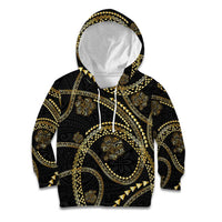 Hawaiian Kakau Art and Hisbiscus Tattoo Kid Hoodie Tribal Pattern-Gold Style LT03 Hoodie Black - Polynesian Pride