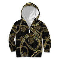 Hawaiian Kakau Art and Hisbiscus Tattoo Kid Hoodie Tribal Pattern-Gold Style LT03 Zip Hoodie Black - Polynesian Pride