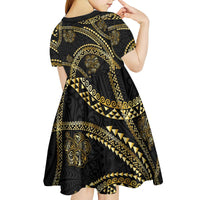 Hawaiian Kakau Art and Hisbiscus Tattoo Kid Short Sleeve Dress Tribal Pattern-Gold Style - Polynesian Pride