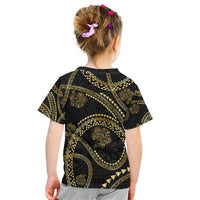 Hawaiian Kakau Art and Hisbiscus Tattoo Kid T Shirt Tribal Pattern-Gold Style - Polynesian Pride