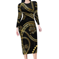 Hawaiian Kakau Art and Hisbiscus Tattoo Long Sleeve Bodycon Dress Tribal Pattern-Gold Style - Polynesian Pride