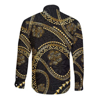 Hawaiian Kakau Art and Hisbiscus Tattoo Long Sleeve Button Shirt Tribal Pattern-Gold Style - Polynesian Pride