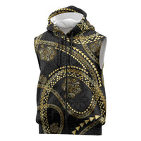 Hawaiian Kakau Art and Hisbiscus Tattoo Sleeveless Zip Hoodie Tribal Pattern-Gold Style - Polynesian Pride
