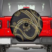 Hawaiian Kakau Art and Hisbiscus Tattoo Spare Tire Cover Tribal Pattern-Gold Style - Polynesian Pride