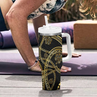 Hawaiian Kakau Art and Hisbiscus Tattoo Tumbler With Handle Tribal Pattern-Gold Style - Polynesian Pride