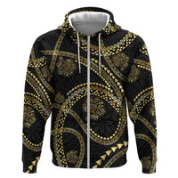 Hawaiian Kakau Art and Hisbiscus Tattoo Zip Hoodie Tribal Pattern-Gold Style - Polynesian Pride
