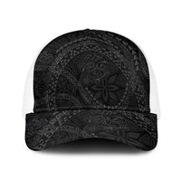 Hawaiian Kakau Art and Hisbiscus Tattoo Baseball Net Cap Tribal Pattern-Black Gradient Style LT03 One Size White Black - Polynesian Pride