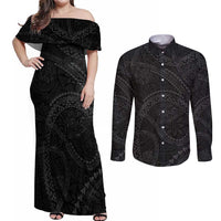 Hawaiian Kakau Art and Hisbiscus Tattoo Couples Matching Off Shoulder Maxi Dress and Long Sleeve Button Shirt Tribal Pattern-Black Gradient Style - Polynesian Pride