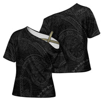 Hawaiian Kakau Art and Hisbiscus Tattoo Cross Shoulder Shirt Tribal Pattern-Black Gradient Style - Polynesian Pride