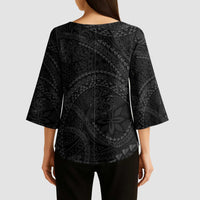 Hawaiian Kakau Art and Hisbiscus Tattoo Kimono Sleeve Blouse Tribal Pattern-Black Gradient Style - Polynesian Pride