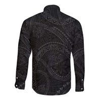 Hawaiian Kakau Art and Hisbiscus Tattoo Long Sleeve Button Shirt Tribal Pattern-Black Gradient Style - Polynesian Pride