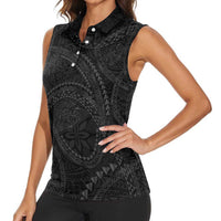 Hawaiian Kakau Art and Hisbiscus Tattoo Women Sleeveless Polo Shirt Tribal Pattern-Black Gradient Style - Polynesian Pride