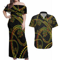Hawaiian Kakau Art and Hisbiscus Tattoo Couples Matching Off Shoulder Maxi Dress and Hawaiian Shirt Tribal Pattern-Reggae Style - Polynesian Pride