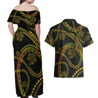 Hawaiian Kakau Art and Hisbiscus Tattoo Couples Matching Off Shoulder Maxi Dress and Hawaiian Shirt Tribal Pattern-Reggae Style - Polynesian Pride