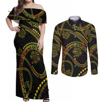 Hawaiian Kakau Art and Hisbiscus Tattoo Couples Matching Off Shoulder Maxi Dress and Long Sleeve Button Shirt Tribal Pattern-Reggae Style - Polynesian Pride