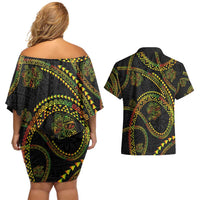 Hawaiian Kakau Art and Hisbiscus Tattoo Couples Matching Off Shoulder Short Dress and Hawaiian Shirt Tribal Pattern-Reggae Style - Polynesian Pride