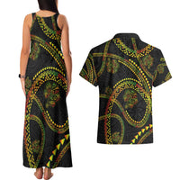 Hawaiian Kakau Art and Hisbiscus Tattoo Couples Matching Tank Maxi Dress and Hawaiian Shirt Tribal Pattern-Reggae Style - Polynesian Pride