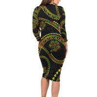Hawaiian Kakau Art and Hisbiscus Tattoo Family Matching Long Sleeve Bodycon Dress and Hawaiian Shirt Tribal Pattern-Reggae Style - Polynesian Pride