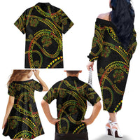 Hawaiian Kakau Art and Hisbiscus Tattoo Family Matching Off The Shoulder Long Sleeve Dress and Hawaiian Shirt Tribal Pattern-Reggae Style - Polynesian Pride
