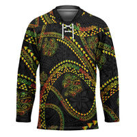 Hawaiian Kakau Art and Hisbiscus Tattoo Hockey Jersey Tribal Pattern-Reggae Style LT03 Unisex Black - Polynesian Pride