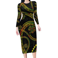 Hawaiian Kakau Art and Hisbiscus Tattoo Long Sleeve Bodycon Dress Tribal Pattern-Reggae Style - Polynesian Pride
