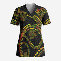 Hawaiian Kakau Art and Hisbiscus Tattoo Scrub Top Tribal Pattern-Reggae Style - Polynesian Pride