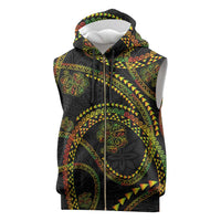 Hawaiian Kakau Art and Hisbiscus Tattoo Sleeveless Zip Hoodie Tribal Pattern-Reggae Style LT03 Black - Polynesian Pride