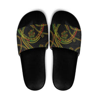 Hawaiian Kakau Art and Hisbiscus Tattoo Slide Sandals Tribal Pattern-Reggae Style LT03 Black - Polynesian Pride