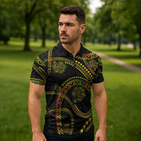 Hawaiian Kakau Art and Hisbiscus Tattoo Zipper Polo Shirt Tribal Pattern-Reggae Style - Polynesian Pride