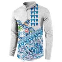 Hawaiian Abstract Sea Turtle Button Sweatshirt Polynesian Tapa Art and Kakau Tattoo White WaterColor - Polynesian Pride