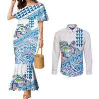 Hawaiian Abstract Sea Turtle Couples Matching Mermaid Dress and Long Sleeve Button Shirt Polynesian Tapa Art and Kakau Tattoo White WaterColor - Polynesian Pride