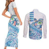 Hawaiian Abstract Sea Turtle Couples Matching Short Sleeve Bodycon Dress and Long Sleeve Button Shirt Polynesian Tapa Art and Kakau Tattoo White WaterColor - Polynesian Pride