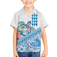 Hawaiian Abstract Sea Turtle Family Matching Off Shoulder Short Dress and Hawaiian Shirt Polynesian Tapa Art and Kakau Tattoo White WaterColor - Polynesian Pride